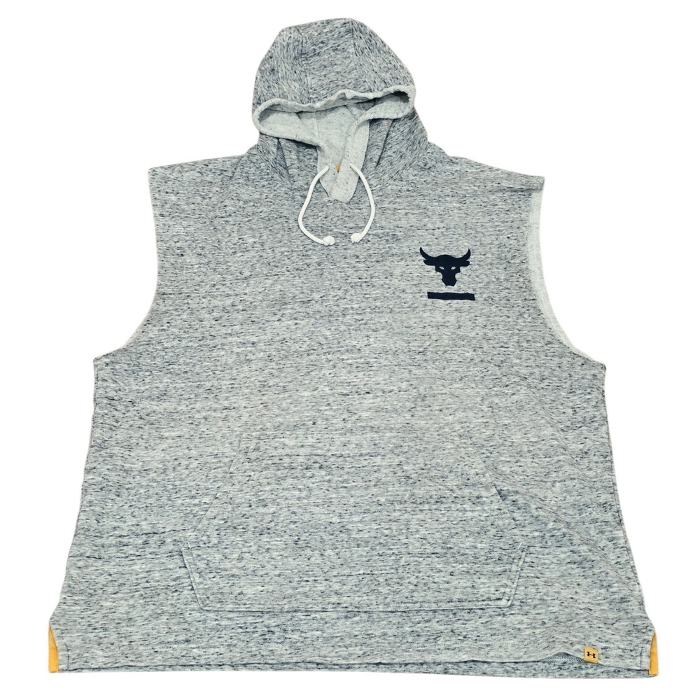 Under Armour Project Rock Mens XL Sleeveless Hoodie Gray Bull Logo Dwayne Johnso